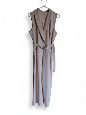 Allegra K Beige V-Neck Faux Wrap Jumpsuit with Tie